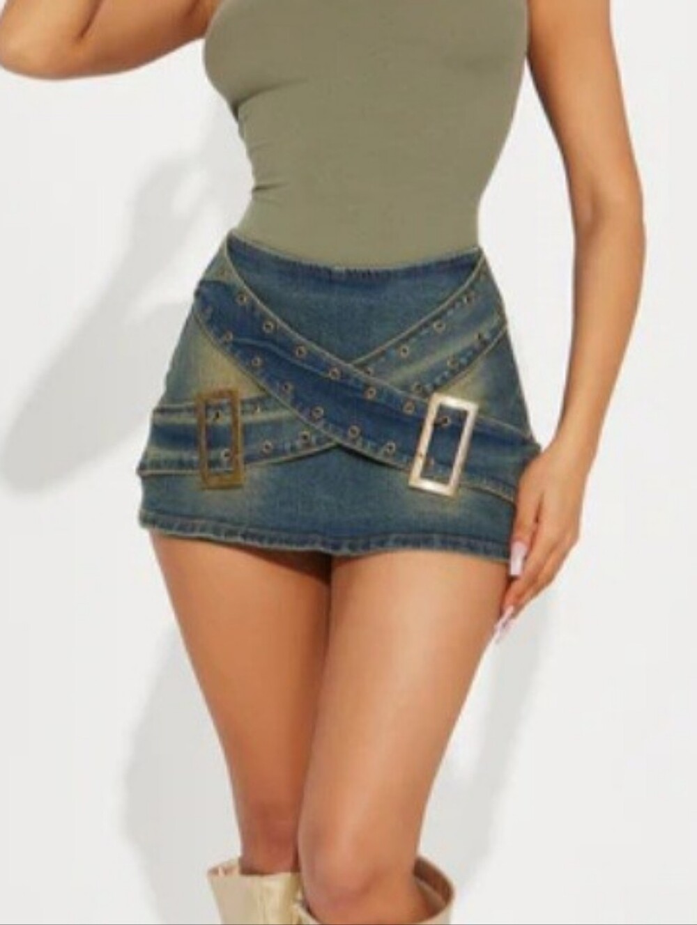 NWOT Jean Denim Grommet Crisscross Waist Belt Skort Skirt - Blue
